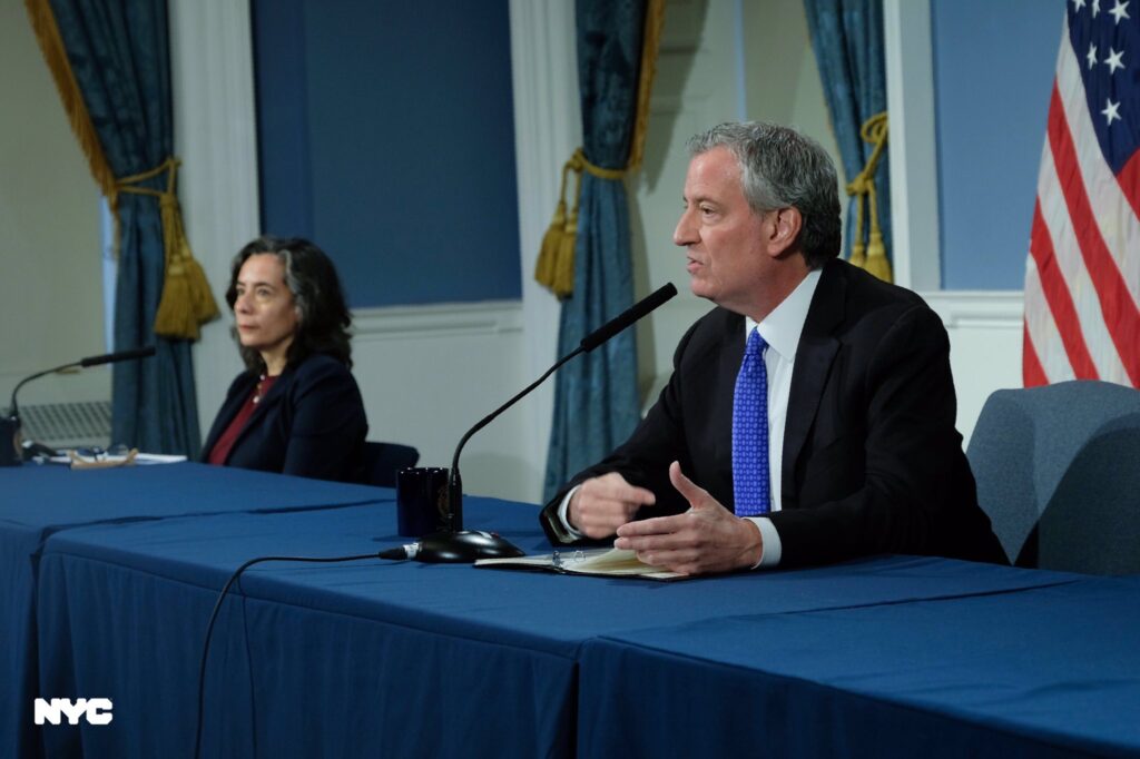 Mayor Bill de Blasio and New York City Department of Health and Mental Hygiene commissioner Dr. Oxiris Barbot at a press conference on April 13, 2020. Source: @NYCMayorsOffice Twitter