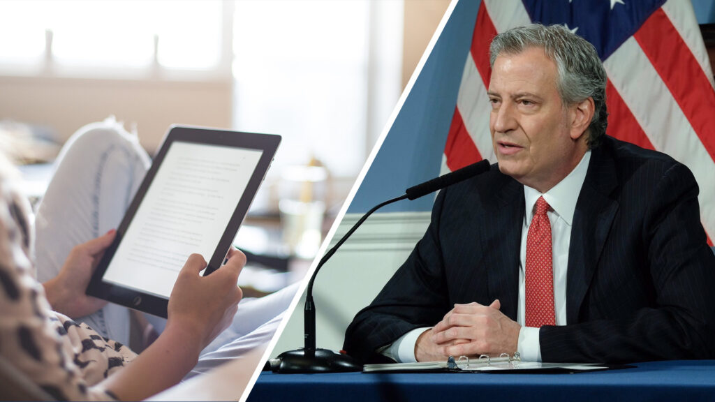 A tablet and New York City Mayor Bill de Blasio