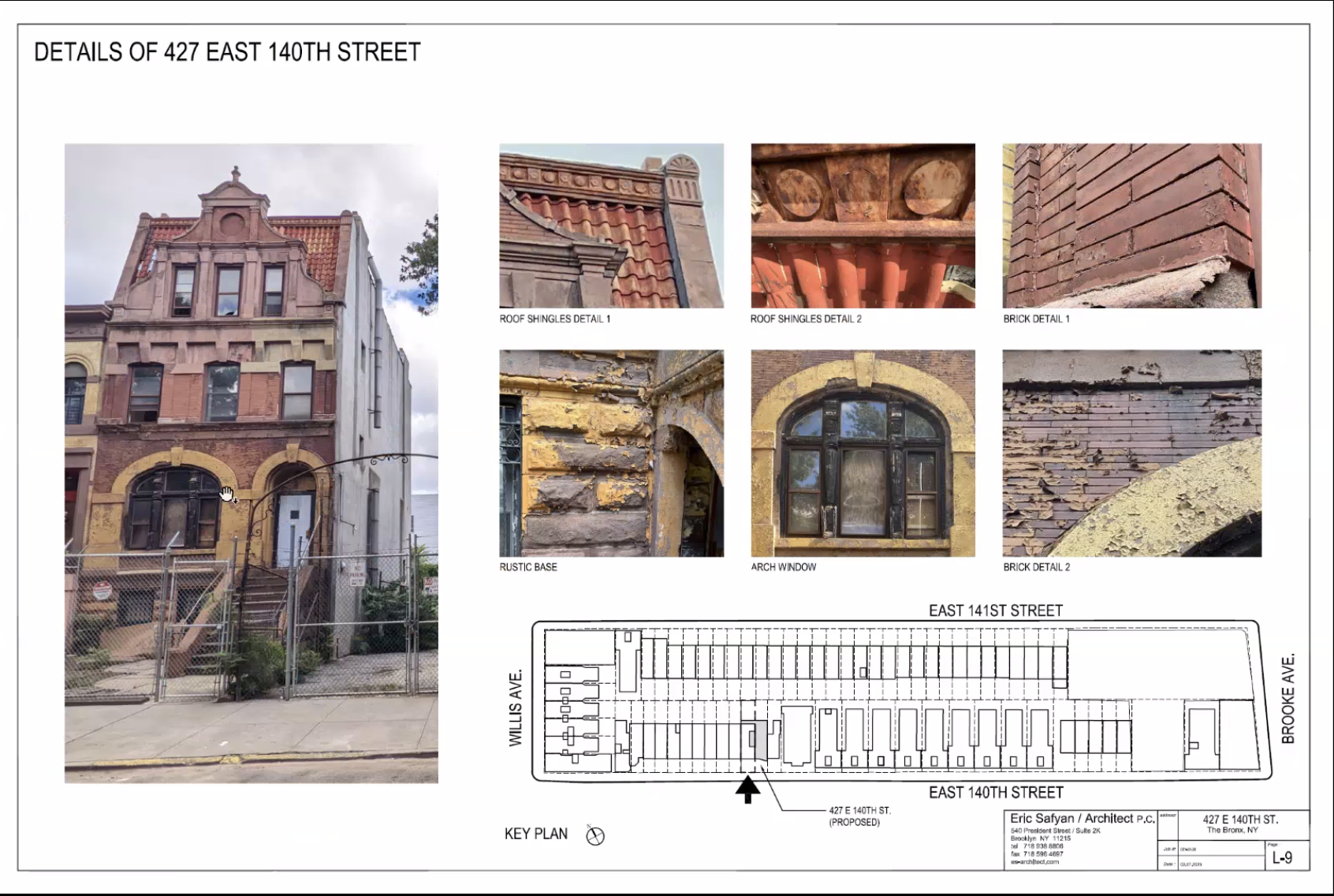 A presentation slide displayed by Joshua Dardashtian shows details of the historic property at 427 East 140th Street. The building is four stories high, appears to be brick, and has a front staircase.